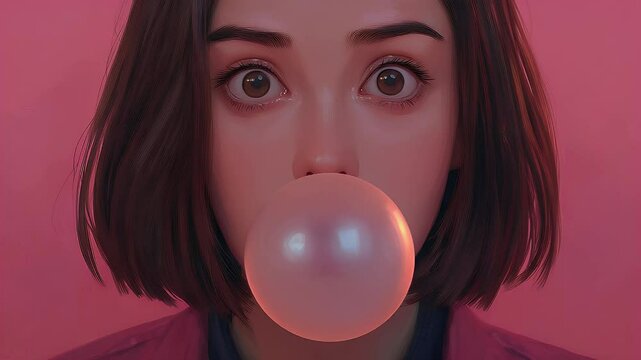 A young woman with short hair blowing a bubble of chewing gum with wide eyes on a red background