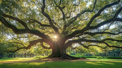 A majestic old oak tree stands tall with deeply textured bark and sprawling branches, bathed in golden sunlight filtering through its lush green leaves, creating a peaceful and timeless scene.
