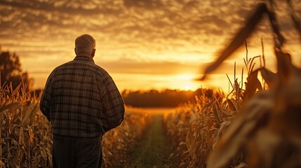 Rear view of senior farmer walking in corn field examining crop in his hands at sunset.