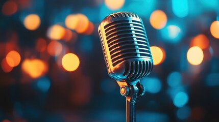 A retro microphone stands out against blurred, bokeh lights background. Ideal for music events, podcasts, or vintage themed designs.