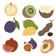 A delightful and vibrant vector illustration showcasing nine diverse and appealing fruits. Each fruit is rendered in a simple, flat, and slightly cartoonish style with clean outlines.