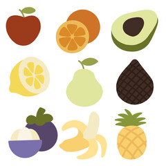 A vibrant and cheerful vector illustration featuring nine distinct and popular fruits. Each fruit is depicted in a simple, flat, and slightly stylized manner with clean outlines and bright, appealing.
