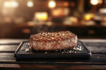 Perfectly seared steak on a hot cast iron skillet.