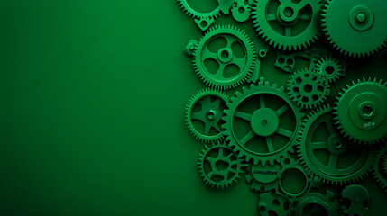Green gears on green background, industrial design, top view