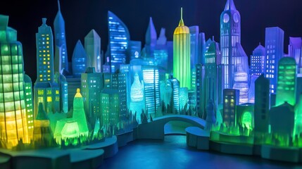 Illuminated paper cityscape model at night, showcasing various architectural styles and city features.