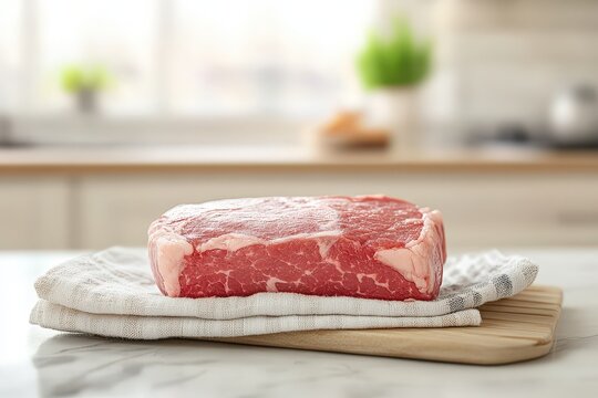 Fresh beef steak resting on a kitchen counter.