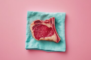 Raw steak rests on a teal cloth against a pink background.