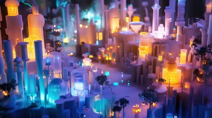 Fototapeta premium Illuminated futuristic cityscape model with glowing towers and structures at night.