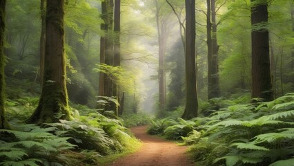 Obraz premium A lush summer forest transitioning into autumn, where vibrant green leaves meet the first warm hues of fall, AI-generated.