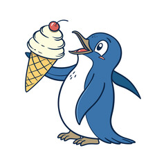 Fototapeta premium Cartoon penguin with ice cream. Penguin eats an ice cream