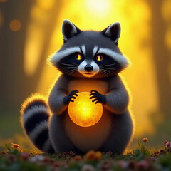 A chubby raccoon holding a magic orb, soft yellow background, glowing eyes and enchanted forest vibes, fantasy animal character
