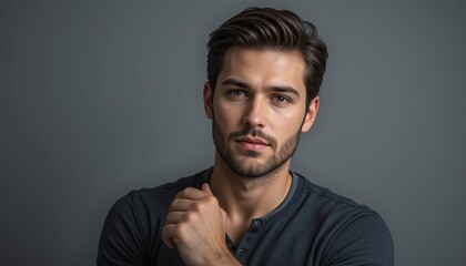 Obraz premium Man's Portrait: Dark Hair, Intense Gaze, Modern Style