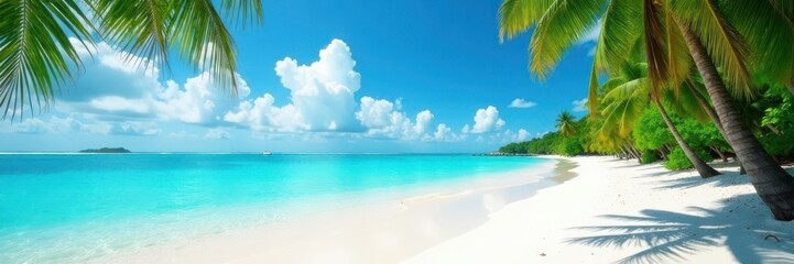 Fototapeta premium Azure water laps white sand beach, lush palms sway , horizon, tropical