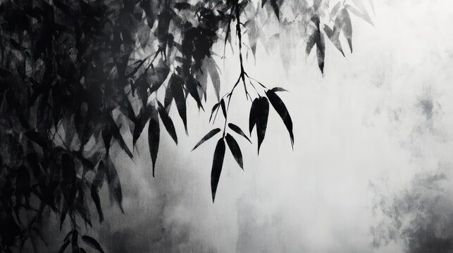 A seamless blend of ink washes, where dark shadows dissolve into soft translucent gradients, creating a sense of depth and movement in the traditional sumi-e style