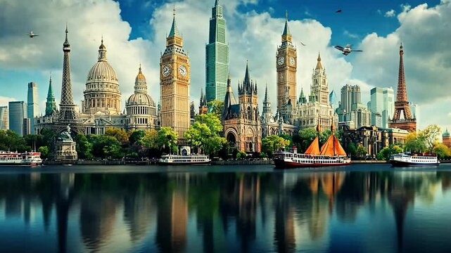 Iconic Landmarks Skyline Reflection: A Global Cityscape Panorama