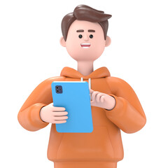 3D Illustration of smiling businessman Qadir holding tablet .Transparent Background Mockup.Supports PNG files with transparent backgrounds.