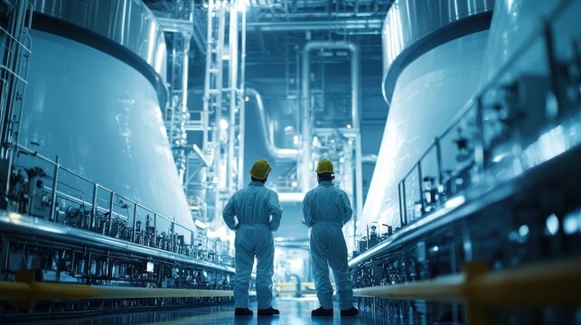 Industrial facility: Two workers in a large-scale industrial plant