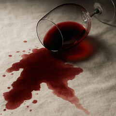 A dramatic capture of a tipped wine glass with red wine spilled across a white linen tablecloth, highlighting contrast and texture