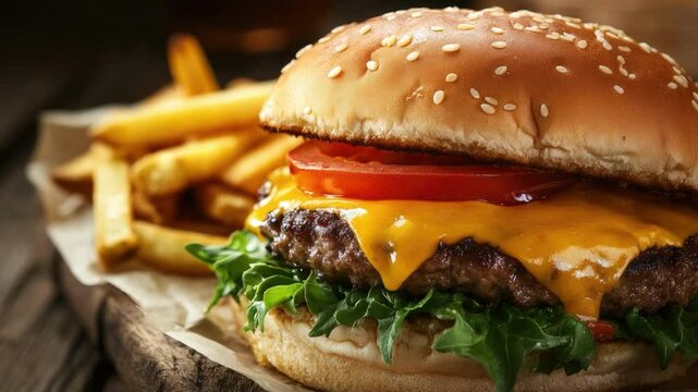 Juicy hamburger with lettuce, tomato, and cheese accompanied by crispy golden French fries on wooden table
