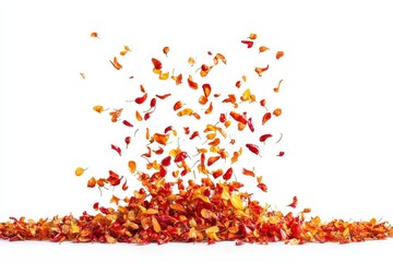 Pile of colorful falling hot chili peppers on white background. It’s suitable for food, spice, and culinary-related projects.