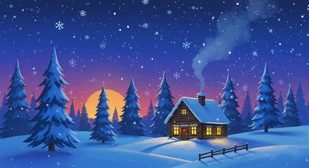 Naklejka premium Winter Wonderland: Cozy Cabin Sunset Snowfall AI Generated