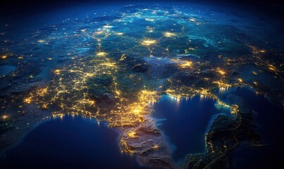 Europe night lights, city glow, satellite view, global map, background space