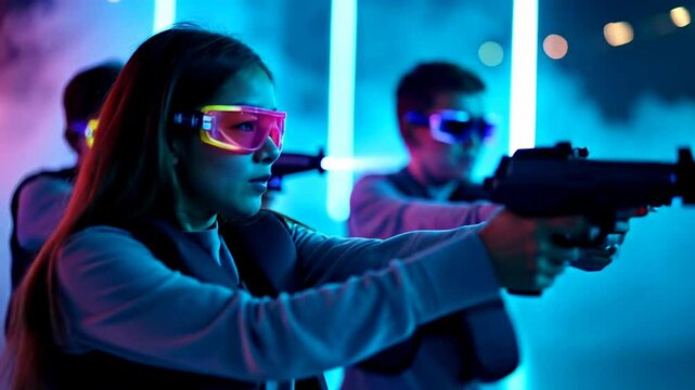 Three children are playing laser tag. They wear special glasses and hold laser pistols in their hands.
