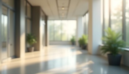 Blurred office hallway with plants and warm sunlight