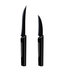 Kitchen knife set with black handles including serrated and curved blade for cutting and slicing
