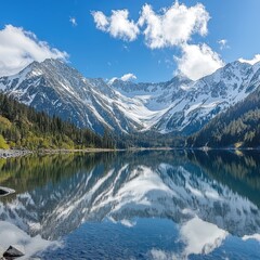 Naklejka premium Majestic alpine lake reflects snowy peaks
