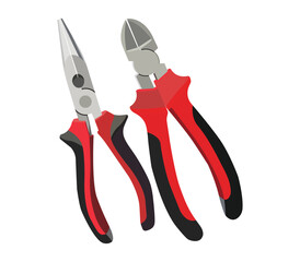 Set of red and black handle pliers including needle nose and diagonal cutters on white background