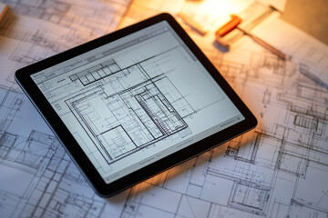 Modern Architect’s Desk Featuring BIM Interface and Technical Drawings Under Warm Lighting

