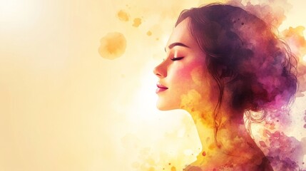 A watercolor illustration with a vintage aesthetic, featuring a side view of a flower girl silhouette, set on a yellow background, designed for World Thyroid Day, offering ample space for text
