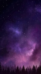 Mysterious starry night with vibrant purple-pink nebulae and glittering stars above silhouetted conifer forest, creating cosmic tranquility
