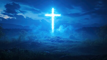 Fototapeta premium Glowing Cross in Night Landscape