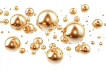 Shiny golden spheres float against a clean, white background. Use this image for a luxurious or elegant, classy design.