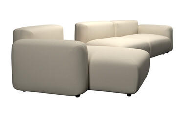 Beige sectional sofa with a wooden table.