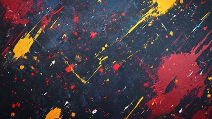 Dramatic splattered paint on a raw canvas, bold strokes clashing in energetic randomness, hyper-realistic texture contrast between thick and diluted pigments, soft lighting enhancing depth