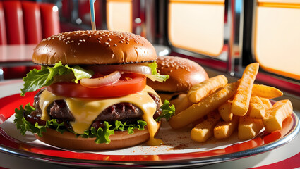 "Juicy Cheeseburger with Lettuce, Tomato, and Pickles"

