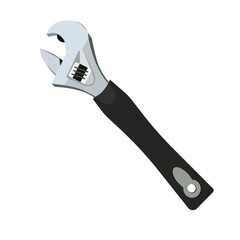 Adjustable metal wrench with black rubber grip handle isolated on white background