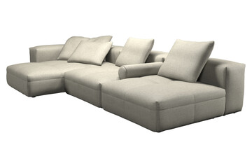 Obraz premium Beige sectional sofa with a wooden table.