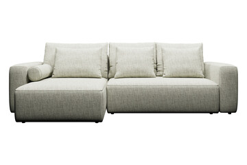 Beige sectional sofa with a wooden table.