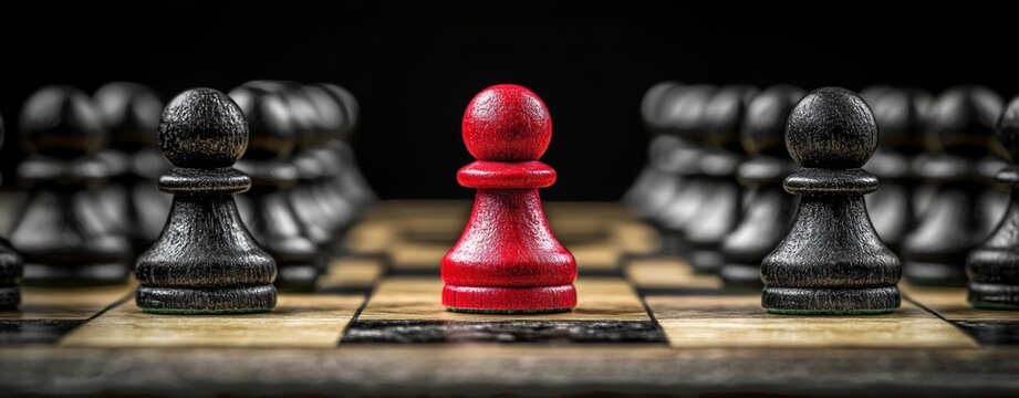 A conceptual artwork depicting a red king chess piece leading black pawns, symbolizing leadership, bravery, and individuality