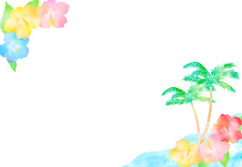 カラフルなハイビスカスとヤシの木の南国風フレーム。楽しい南の島の旅行をイメージした水彩タッチのイラスト。