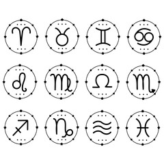 Hand drawn zodiac signs Esoteric symbol doodle set on white background design.