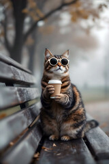 Obraz premium Stylish Cat with Sunglasses Drinking Coffee on Park Bench