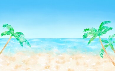 ヤシの木と青い海の風景。南国のリラックスした雰囲気のイラスト。