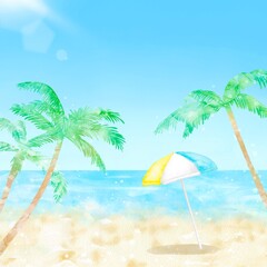ヤシの木が生える美しいビーチにパラソルが設置されている真夏の海の風景。太陽が輝く夏の楽しさ溢れるイラスト。