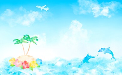 青空を飛ぶ飛行機と南の島と海のフレーム。夏の楽しい旅行をイメージした水彩イラスト。