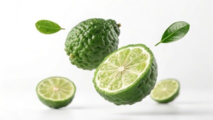 Fresh Kaffir Lime Citrus Delight: Floating Kaffir lime in a culinary display, showcasing the freshness of this zesty ingredient. Perfect for food and beverage concepts.